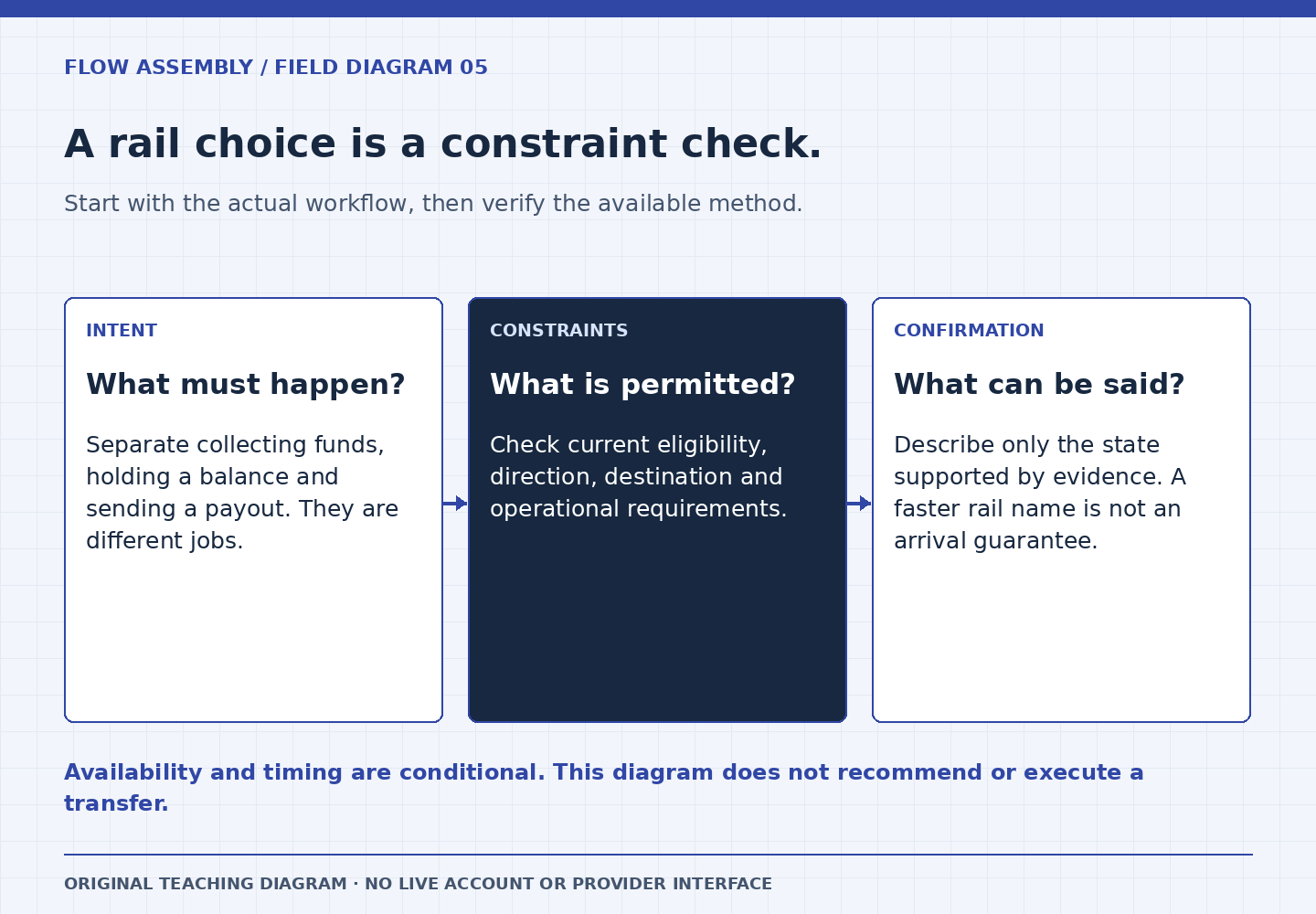 A rail choice is a constraint check. Three panels: What must happen?: Separate collecting funds, holding a balance and sending a payout. They are different jobs.; What is permitted?: Check current eligibility, direction, destination and operational requirements.; What can be said?: Describe only the state supported by evidence. A faster rail name is not an arrival guarantee. Availability and timing are conditional. This diagram does not recommend or execute a transfer.