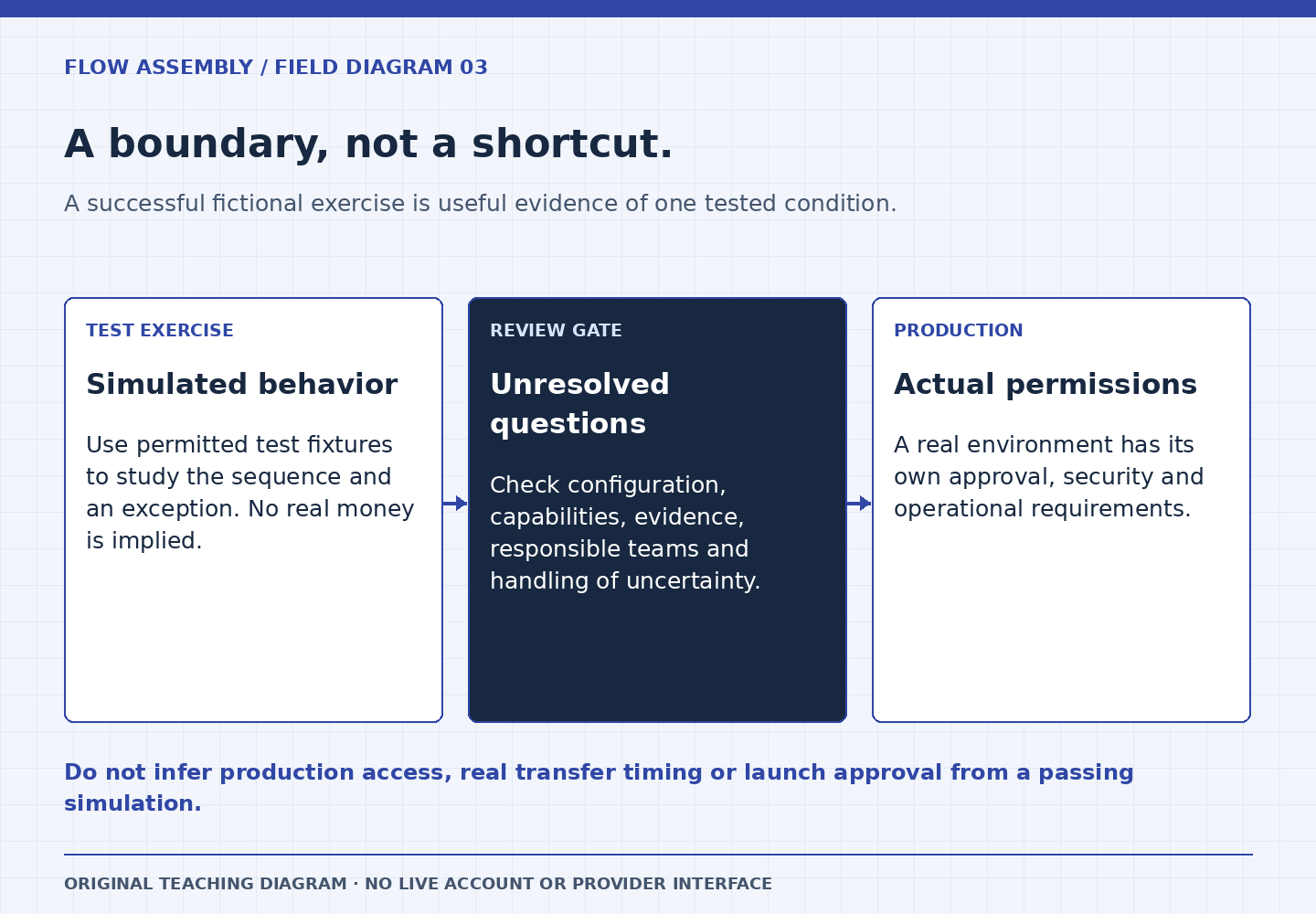 A boundary, not a shortcut. Three panels: Simulated behavior: Use permitted test fixtures to study the sequence and an exception. No real money is implied.; Unresolved questions: Check configuration, capabilities, evidence, responsible teams and handling of uncertainty.; Actual permissions: A real environment has its own approval, security and operational requirements. Do not infer production access, real transfer timing or launch approval from a passing simulation.